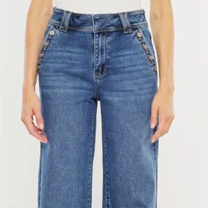 KanCan Blue Flare Jeans with Button Detail